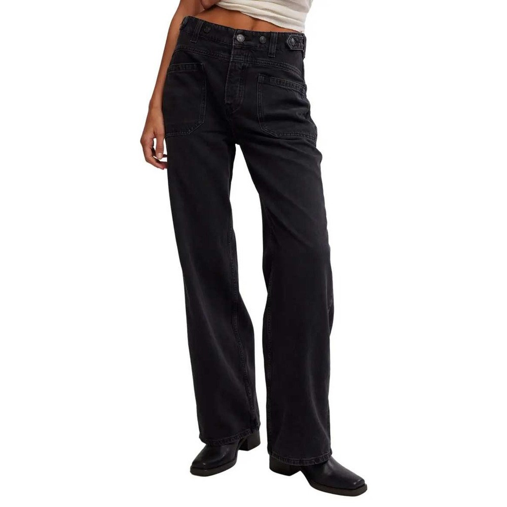 We The Free Free People Black Faded Wide Leg Patch Pocket Jeans 26 High Rise